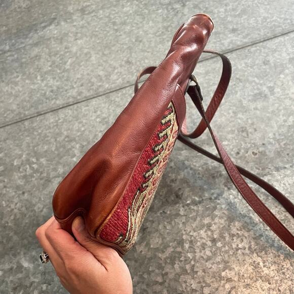 Vintage Turkish Wool Kilim Leather Camel Shoulder Bag Purse Brown Boho Artsy - Picture 6 of 13